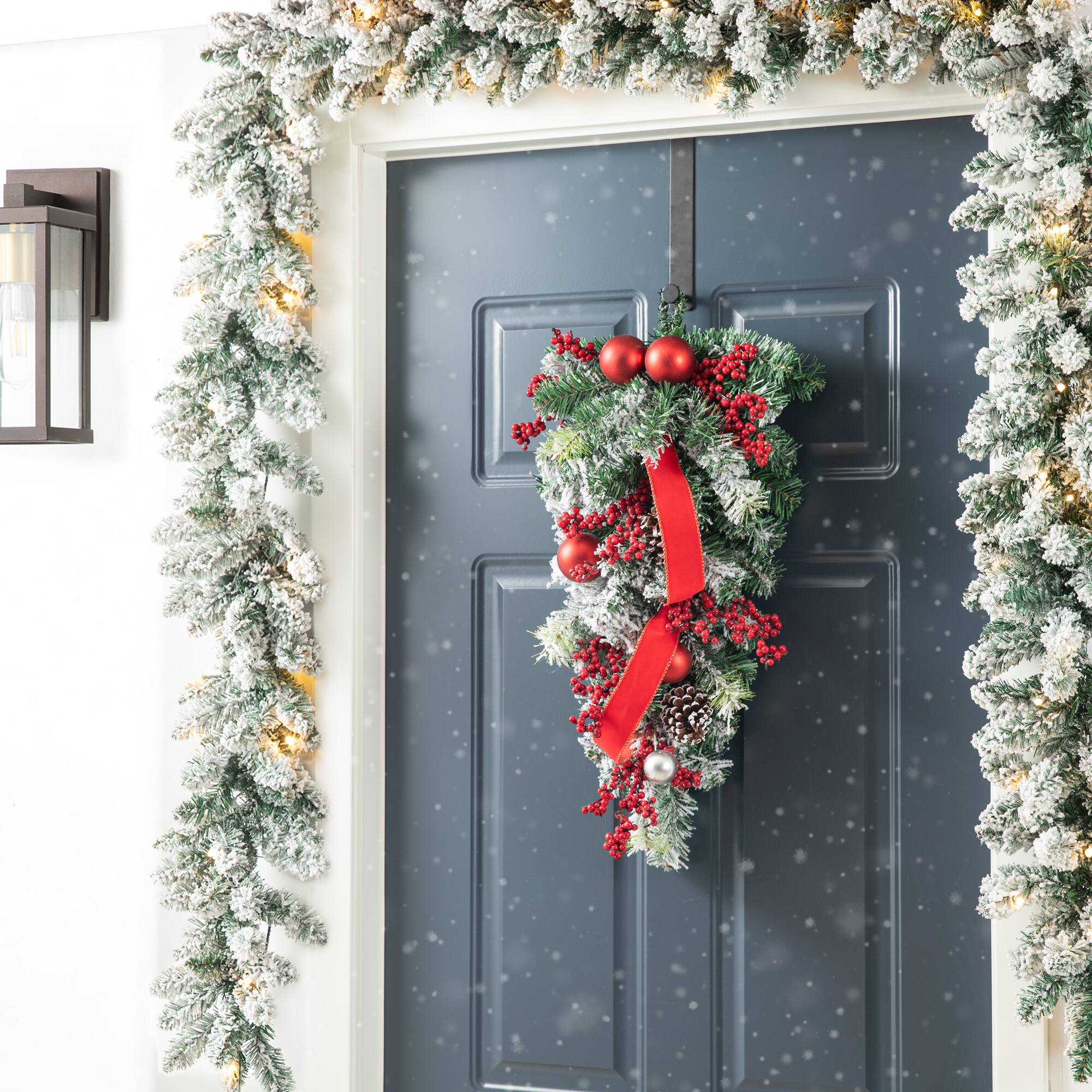Glitzhome® 25" Flocked Berry, Ornament & Pinecone Ribbon Teardrop
